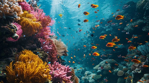 Colorful coral reef with schools of fish in a tropical ocean.